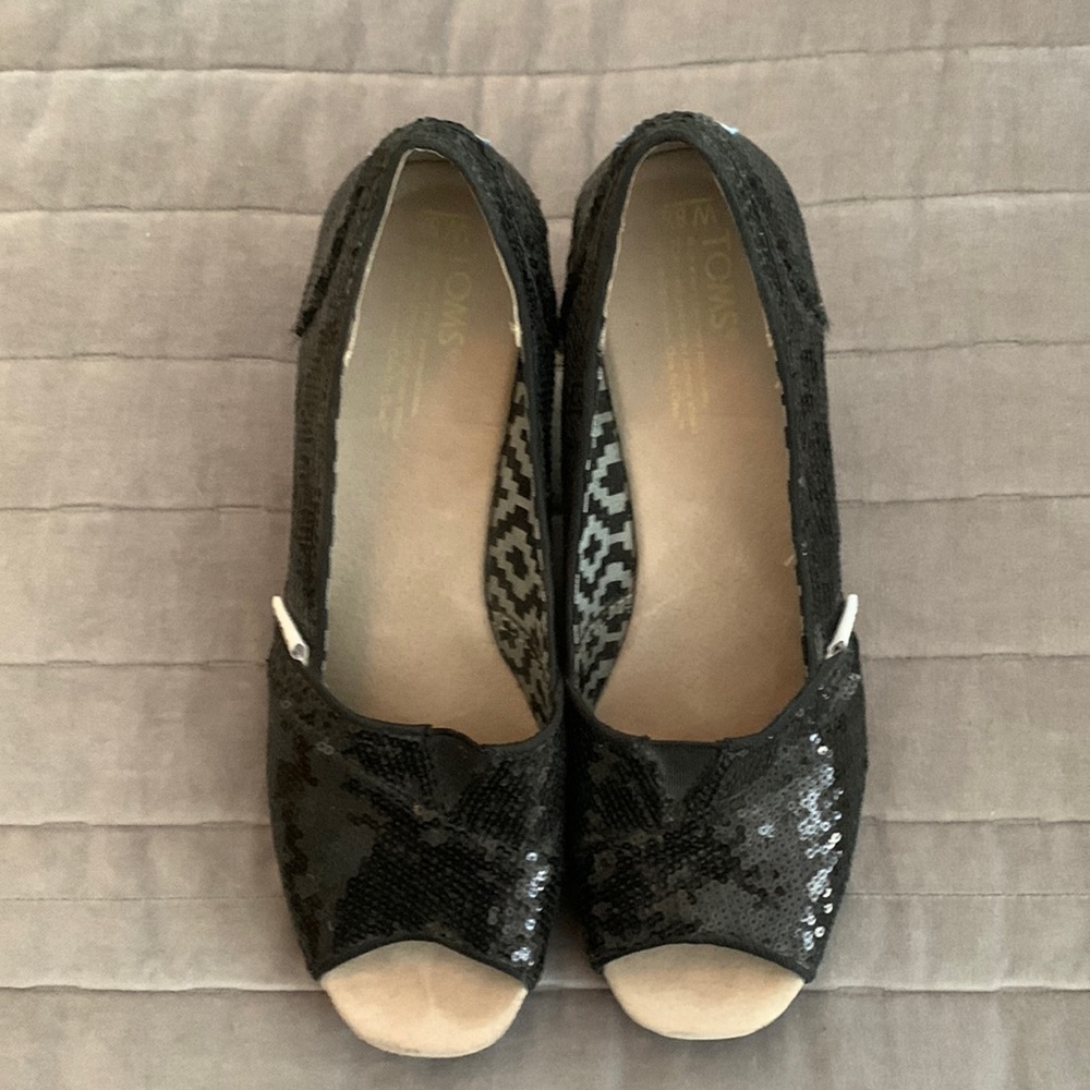 Toms sequin black wedge heels like new condition